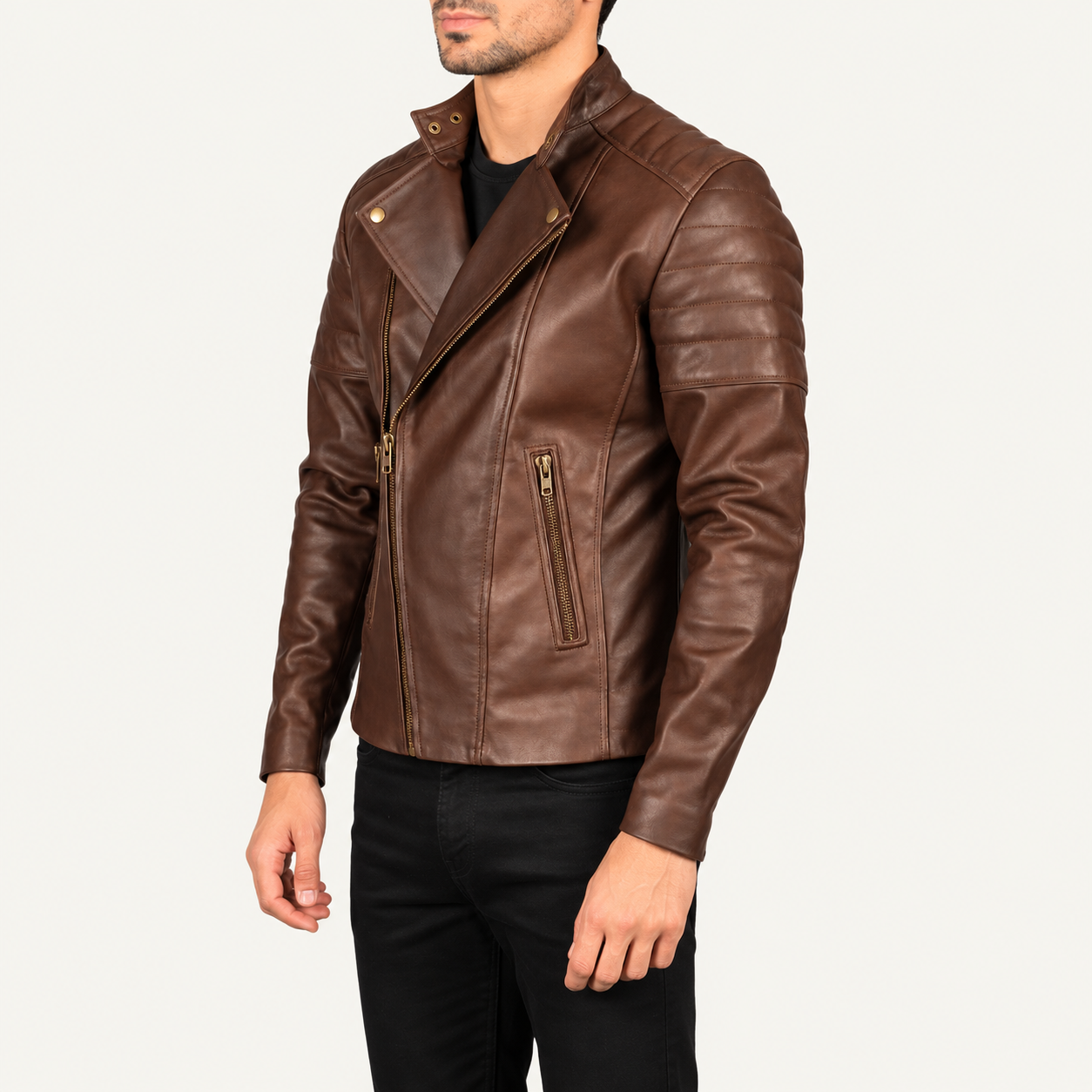 Men's Vintage Brown Leather Biker Jacket – Asymmetrical Zip Motorcycle Jacket Gallery